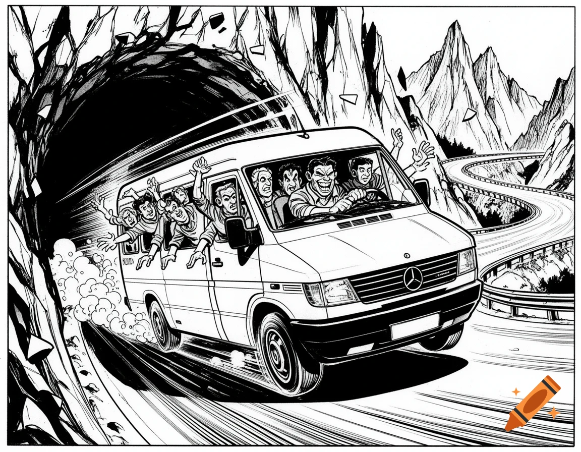 Black and white comic book style drawing of a white minibus taking a sharp turn out of a mountain tunnel, with passengers leaning out the windows.