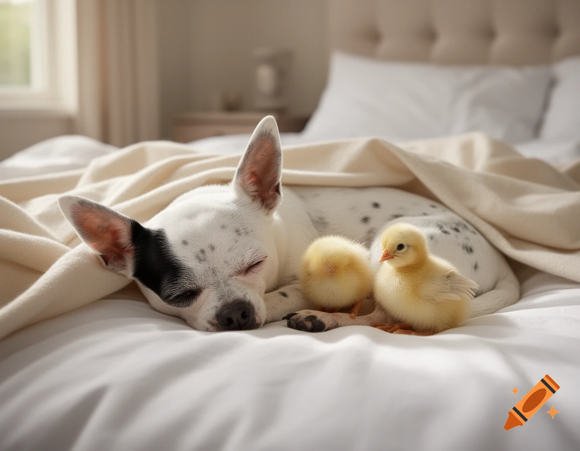A white and black chihuahua and two yellow chicks sleeping together under a blanket on a bed, photorealistic.