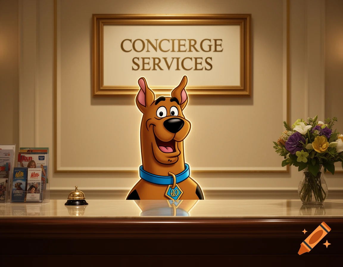 Scooby-Doo with a big smile behind a hotel reception desk beneath a sign reading Concierge Services.