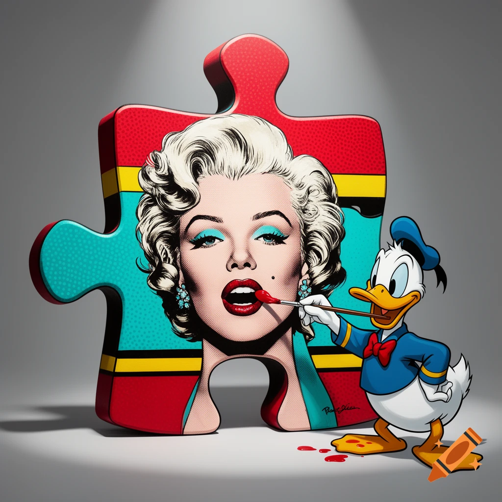 Pop art style puzzle piece featuring Marilyn Monroe's face, with Donald Duck painting her lips red with a brush.
