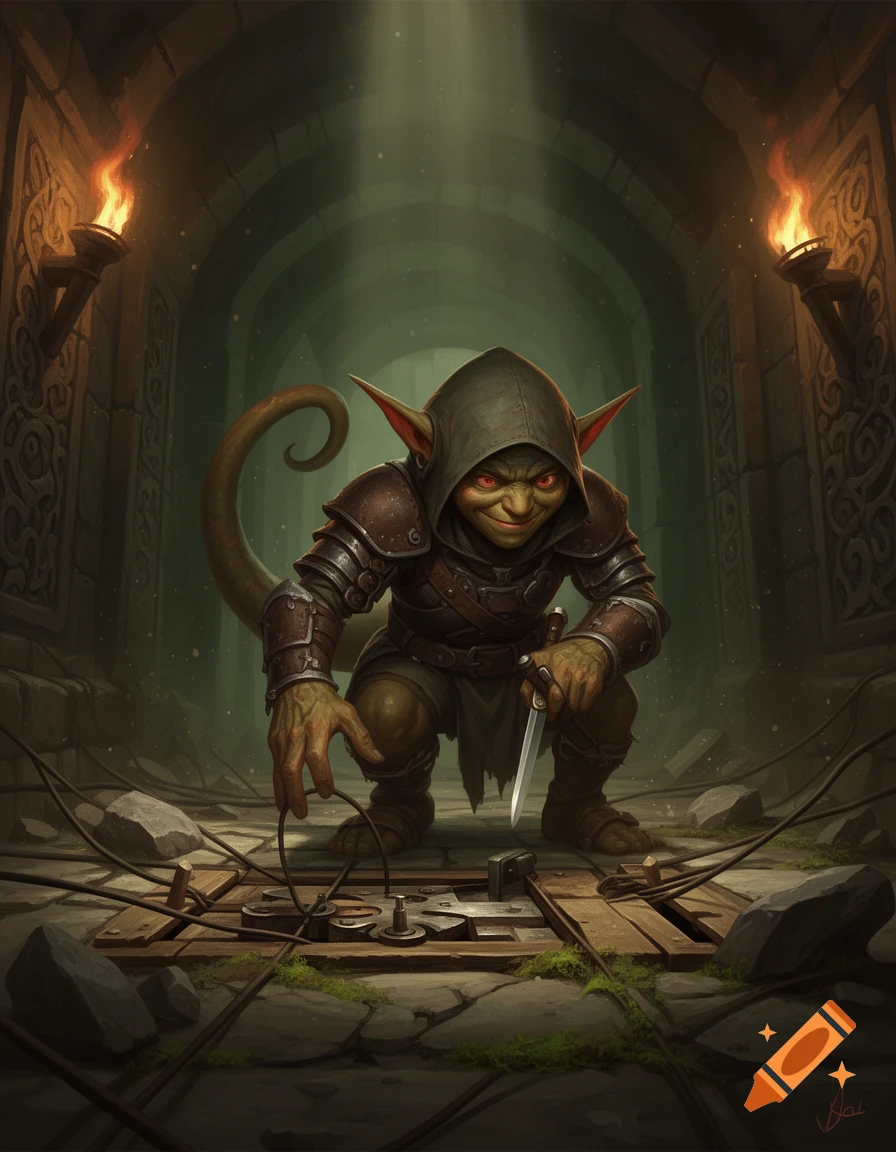 Digital illustration of a small goblin rogue with a prehensile tail, leather armor, and a dagger, disarming a trap in a dungeon corridor.