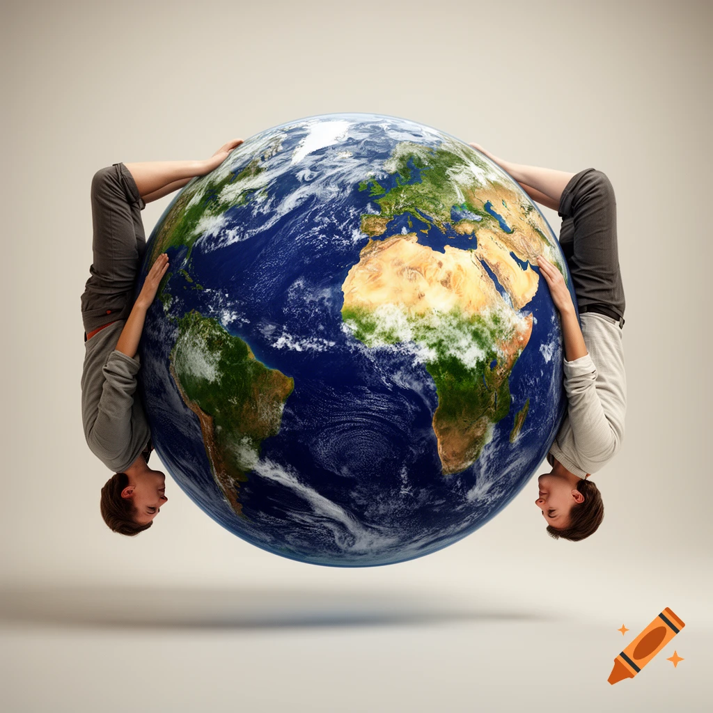 Two people standing upside down on opposite sides of a glowing planet Earth against a neutral background.