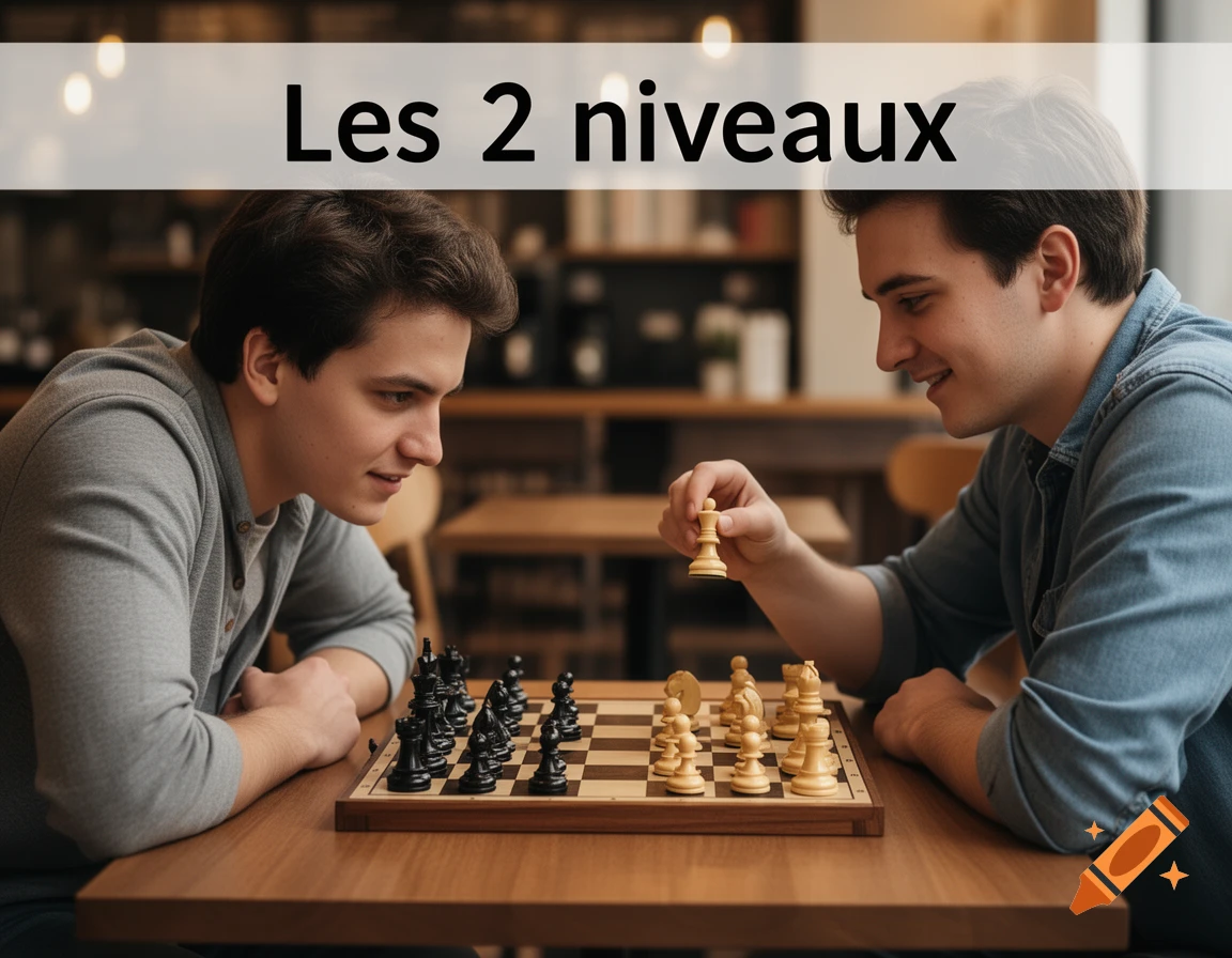 Two young men playing chess in a cafe, photorealistic style.