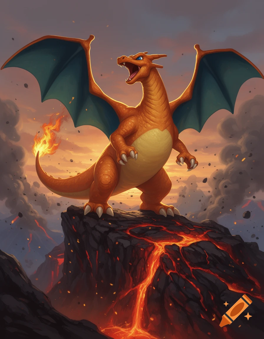Digital painting of Charizard roaring atop a volcanic rock with glowing lava rivers against a stormy sunset sky.