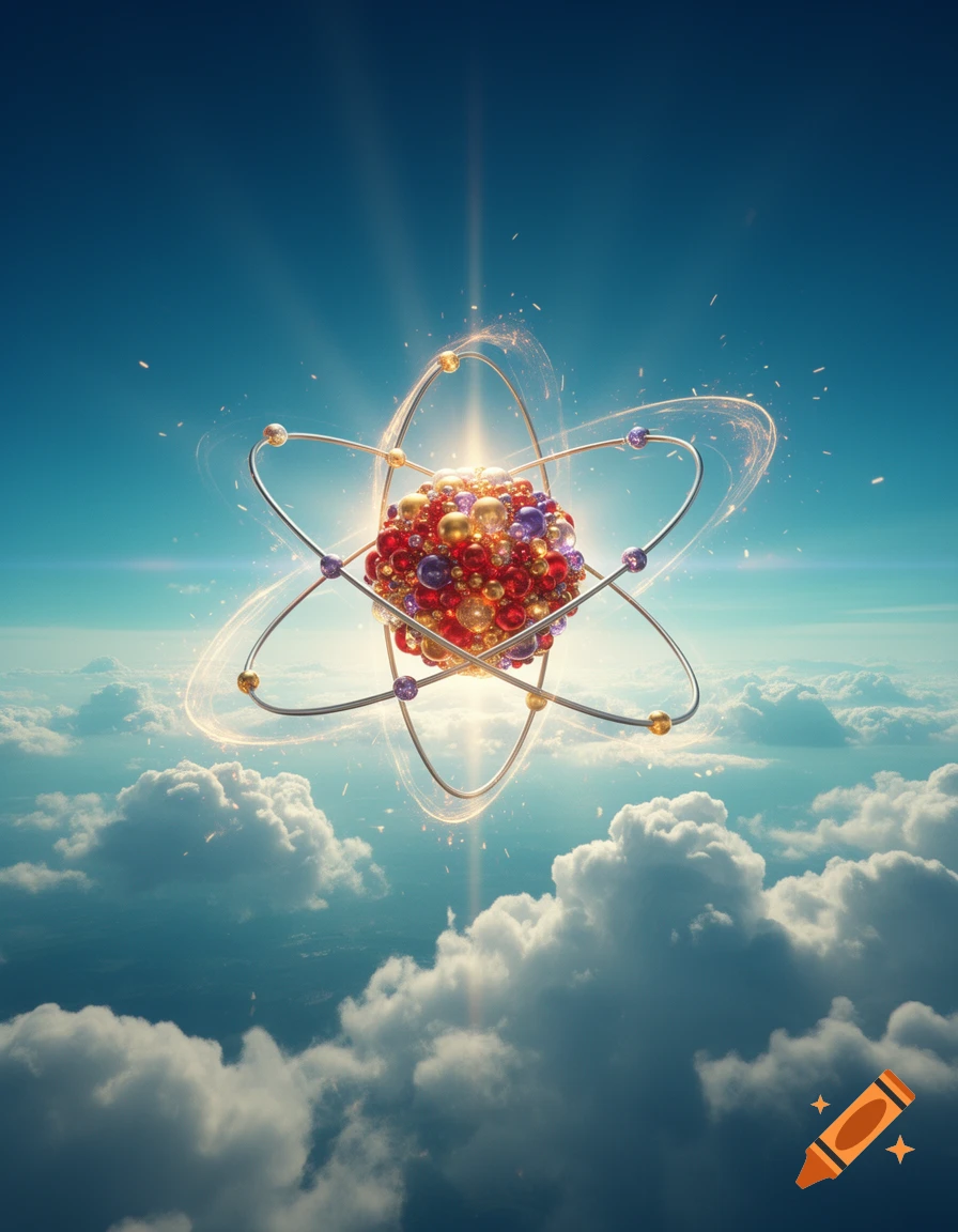 3D render of an atomic model floating in a bright blue sky filled with fluffy clouds.