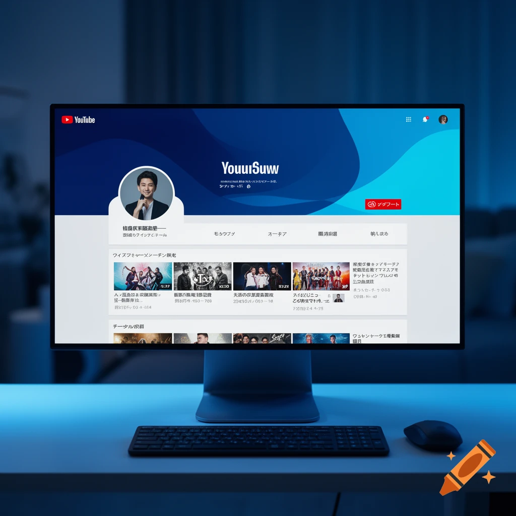 A computer monitor displaying a mock YouTube channel interface with blue and white design, sitting on a desk with a keyboard and mouse.