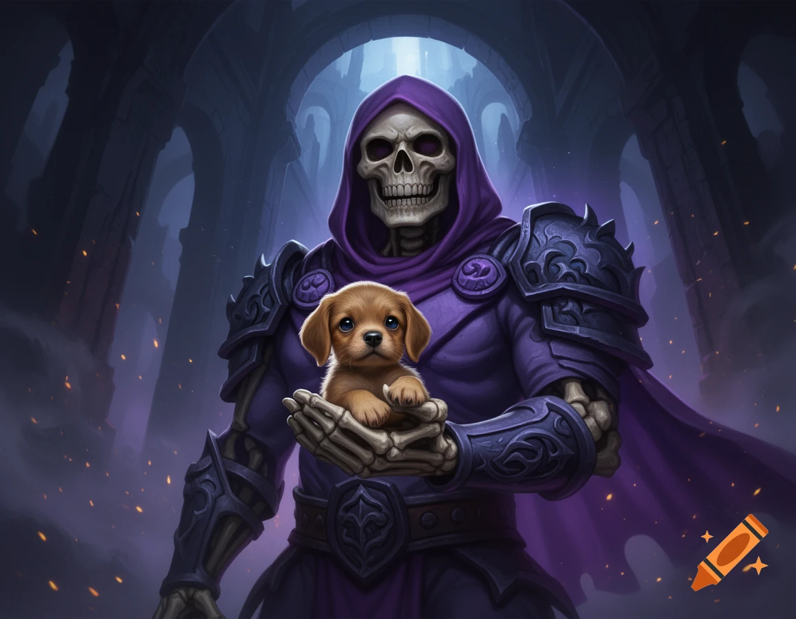 Skeletor in purple armor holding a small brown puppy in a dark stone hallway, digital illustration.