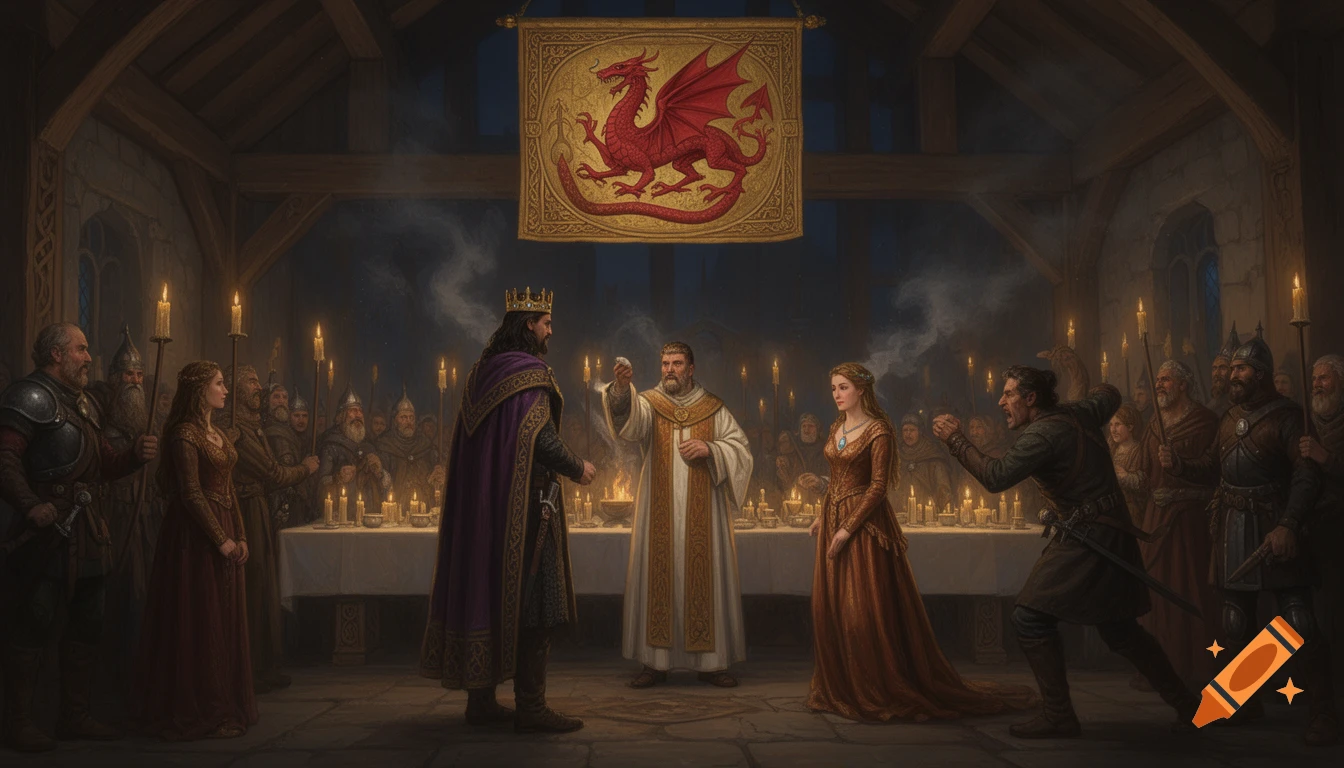 Painterly fantasy illustration of a 6th-century hall where a king is anointed under a red dragon banner, with nobles and guards surrounding a banquet table.