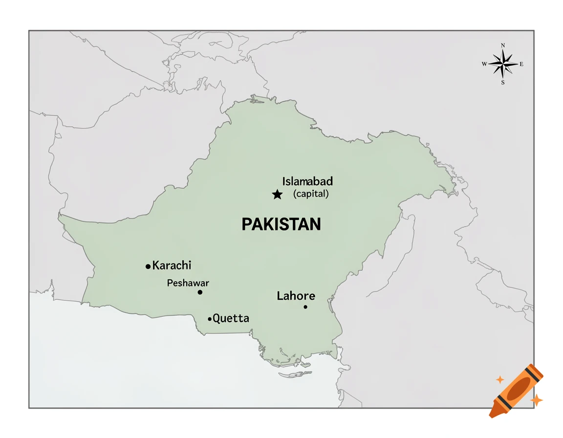 Simple classroom-style political map of Pakistan with capital Islamabad and major cities marked.