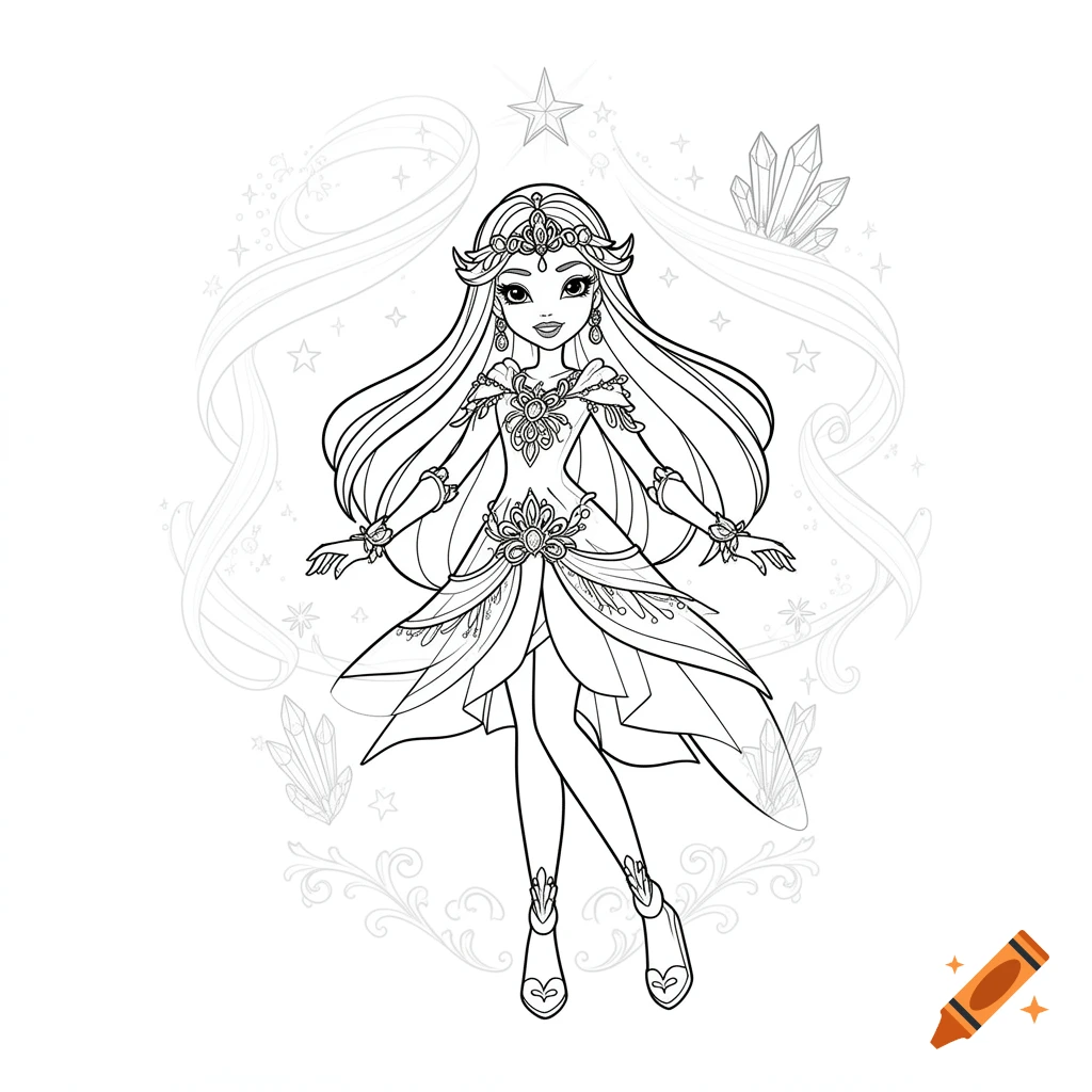 Black and white line art coloring page of a magical anime princess with flowing hair and a crown.