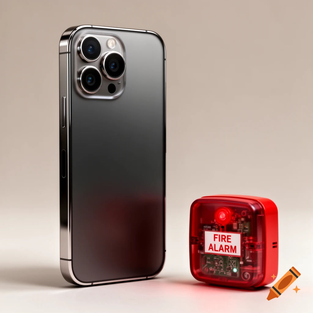Photorealistic image of a sleek smartphone next to a small red fire alarm device on a neutral surface.