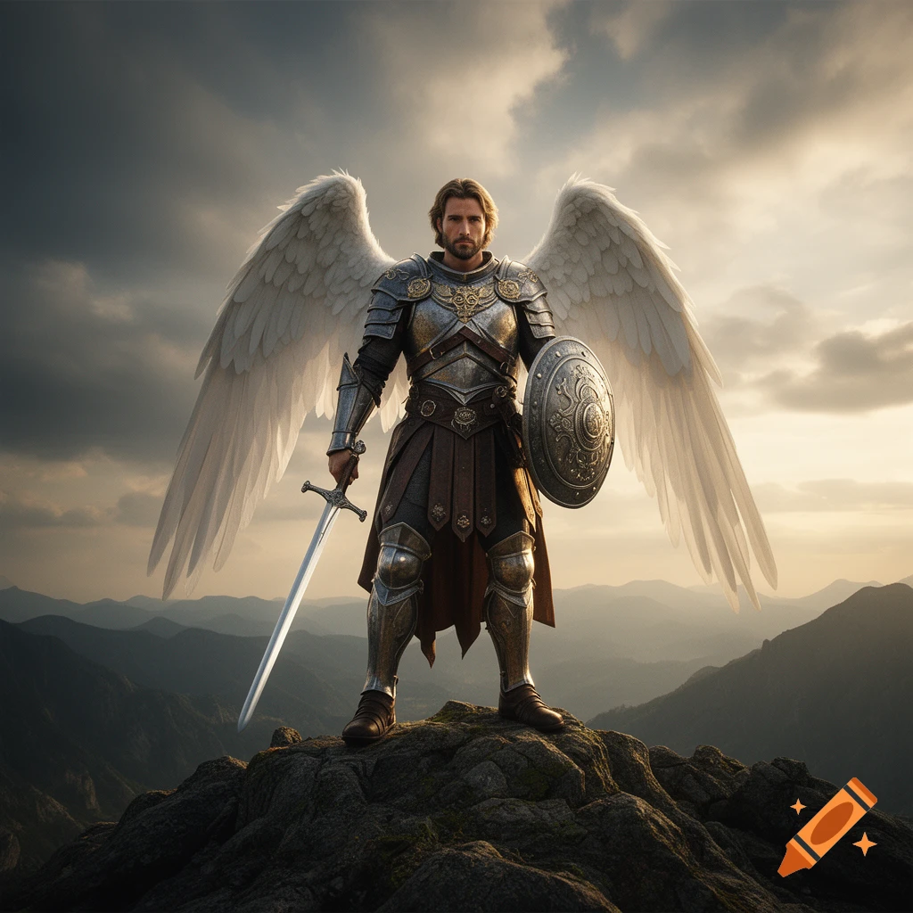 Photorealistic depiction of the Archangel Michael with white feathered wings, holding a sword and shield on a mountain peak.