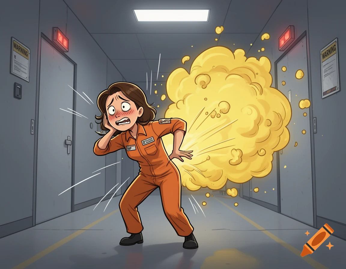 Cartoon illustration of a female D-Class personnel looking embarrassed as she passes a massive yellow gas cloud in a corridor.