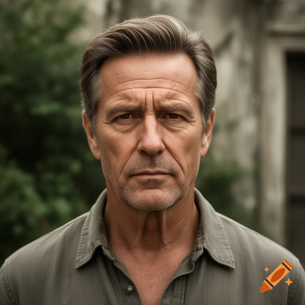 Photorealistic close-up portrait of a middle-aged man with graying hair and a serious expression, wearing a green button-down shirt.