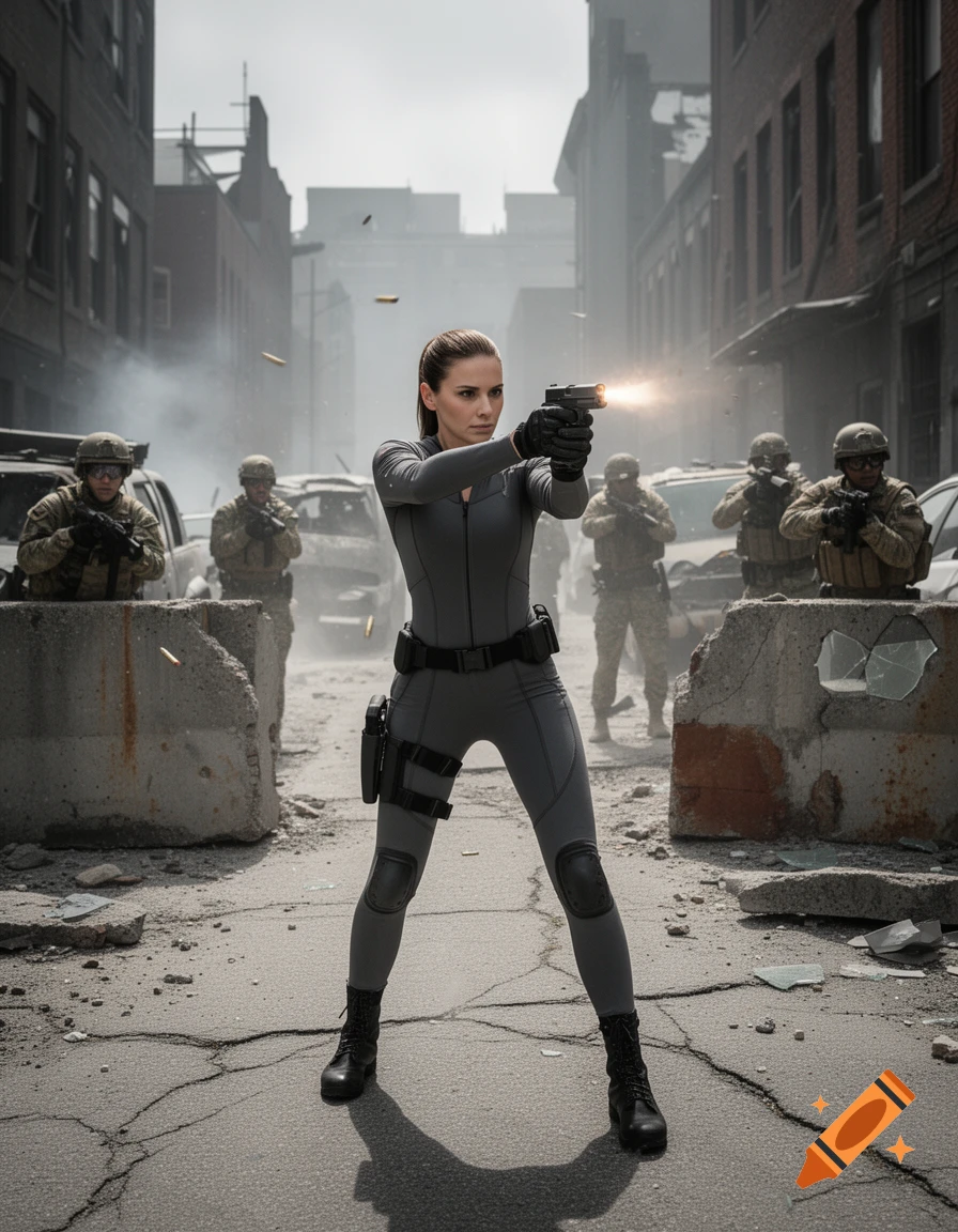 Photorealistic scene of a female spy in a grey jumpsuit firing a pistol in a ruined city street with soldiers in the background.