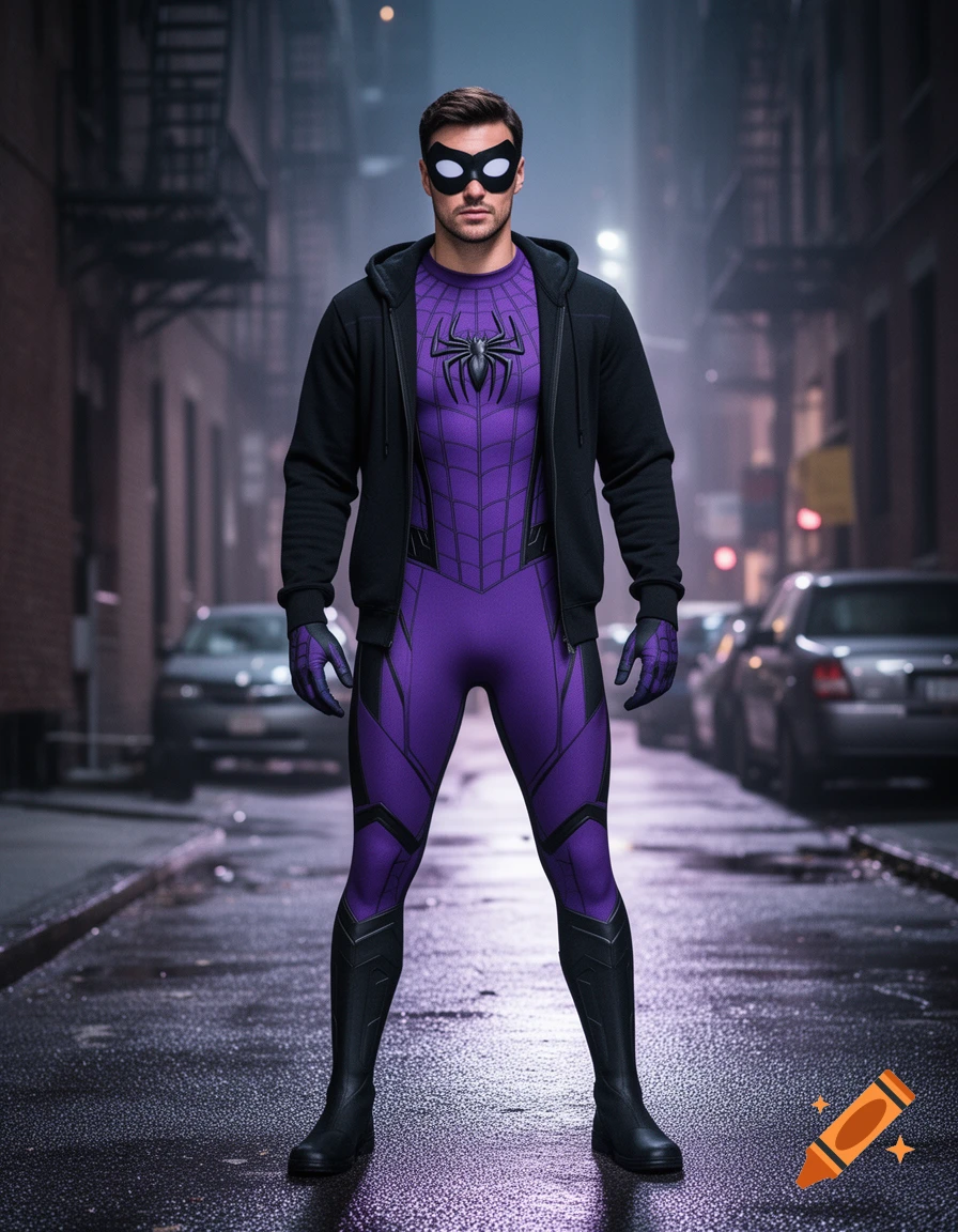 Photorealistic full-body shot of a superhero in a purple and black suit with a black hoodie in a wet alleyway at night.