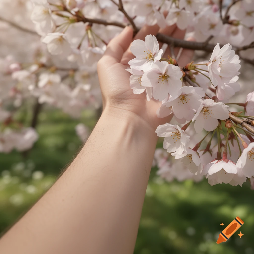 Close-up of a person's hand gently reaching up to touch blooming cherry blossom branches.