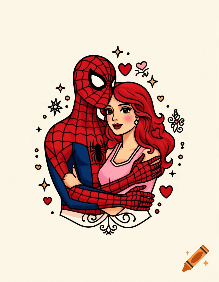 Tattoo flash style illustration of Spider-Man embracing Mary Jane with vibrant colors and heart motifs.