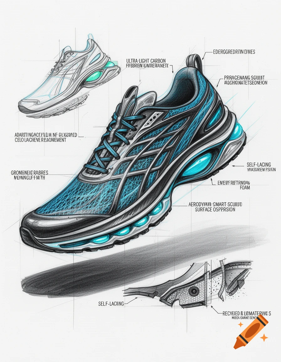 Detailed design sketch of a futuristic performance running shoe with blue accents and technical text callouts.