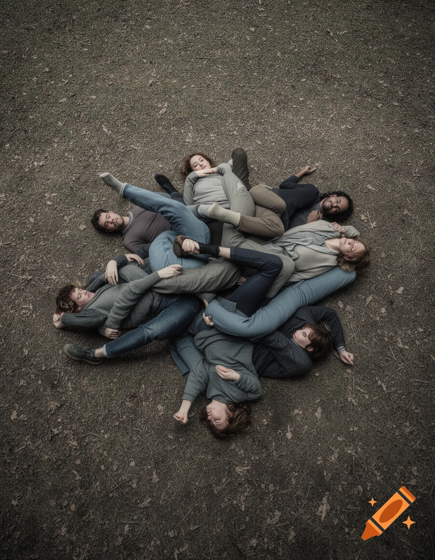 An overhead view of six people intertwined and lying on the ground in a grassy area, captured in a photorealistic style.