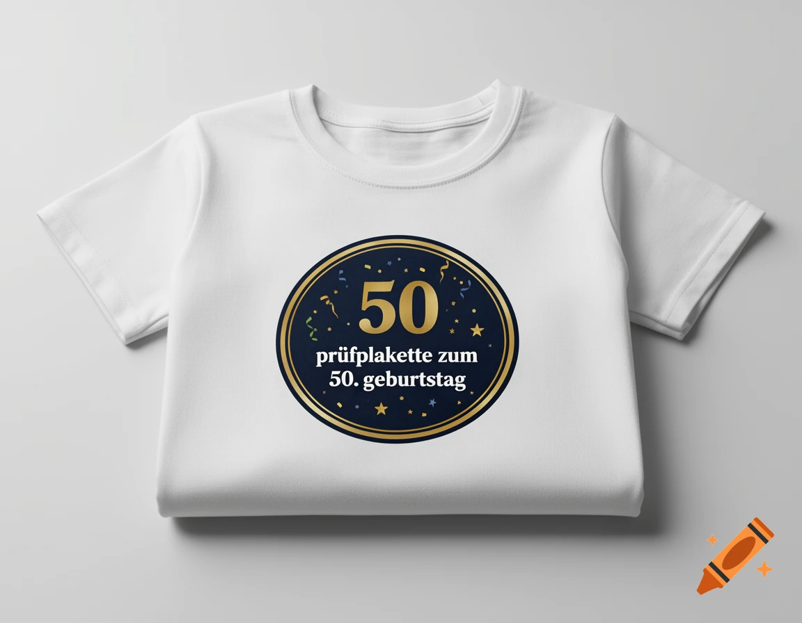 Folded white t-shirt featuring a dark blue and gold commemorative circle emblem with '50 prüfplakette zum 50. geburtstag' text.