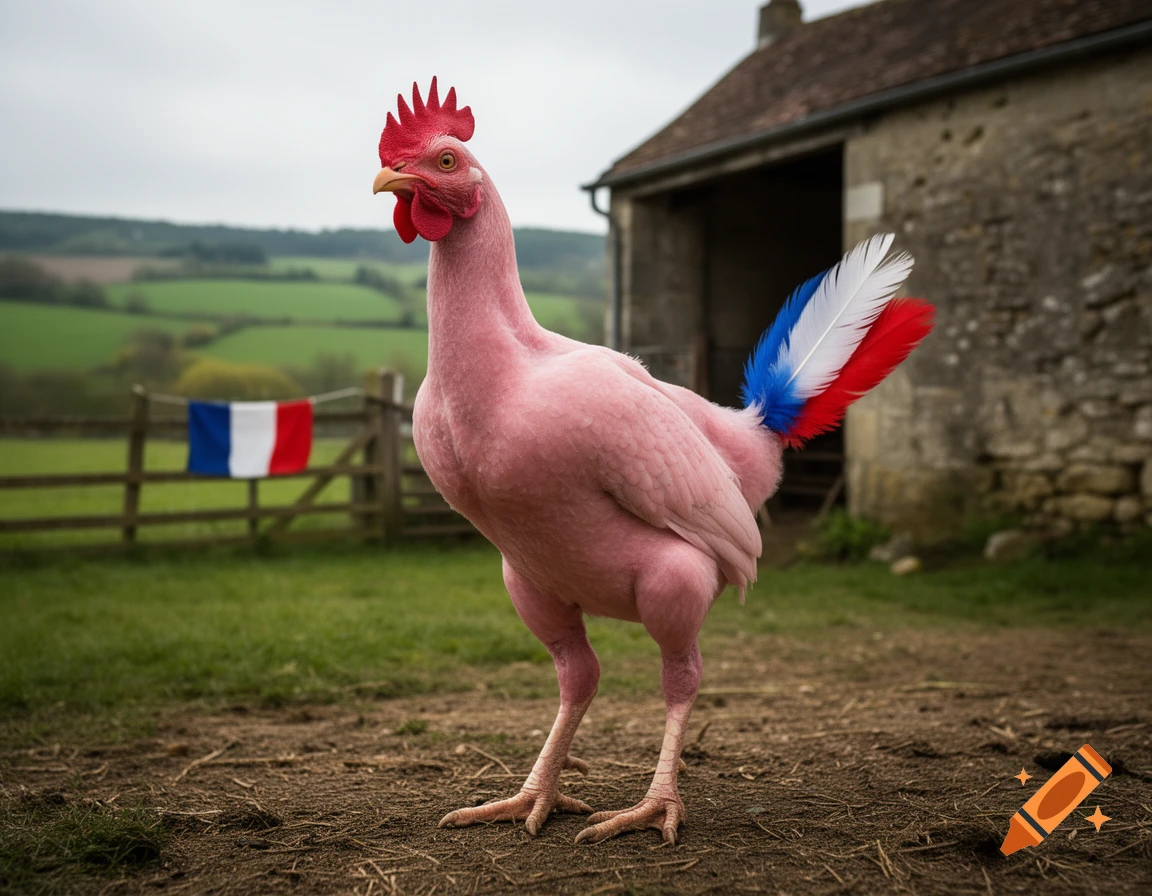 Photorealistic image of a pink hairless rooster standing in a farmyard with a French flag in its tail feathers and a small French flag hanging on a fence in the background.