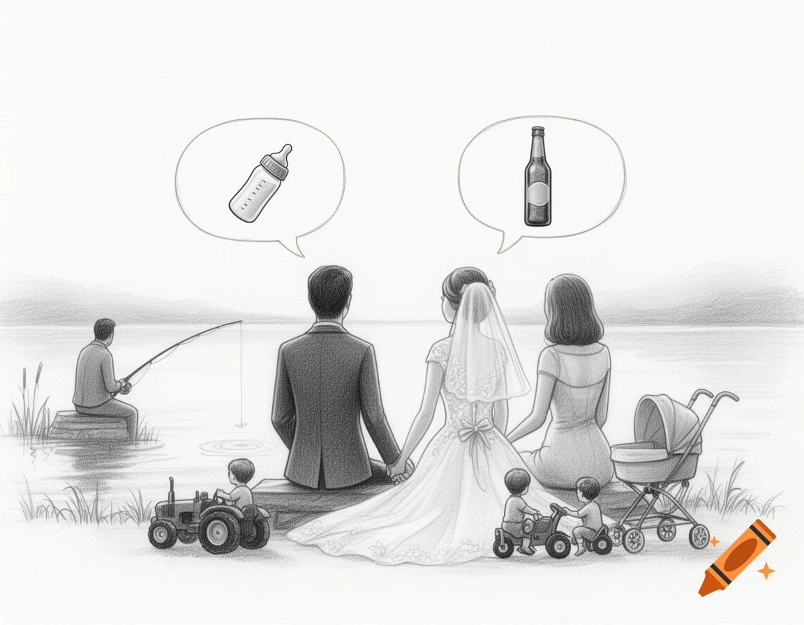 Pencil sketch from behind of a wedding couple and friends sitting by a lake, with speech bubbles showing a baby bottle and a beer bottle.