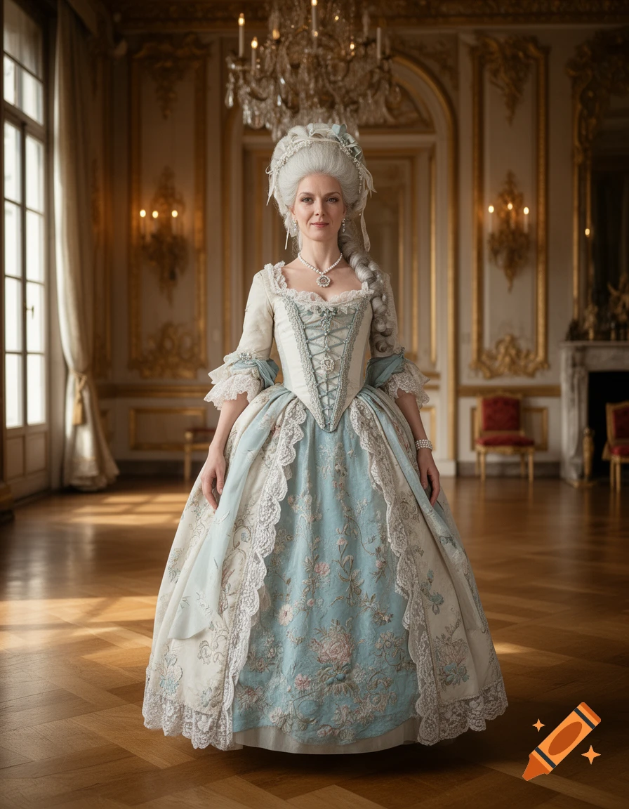 Full-length portrait of a person styled as Marie Antoinette in a lavish 18th-century gown inside an ornate palace room.