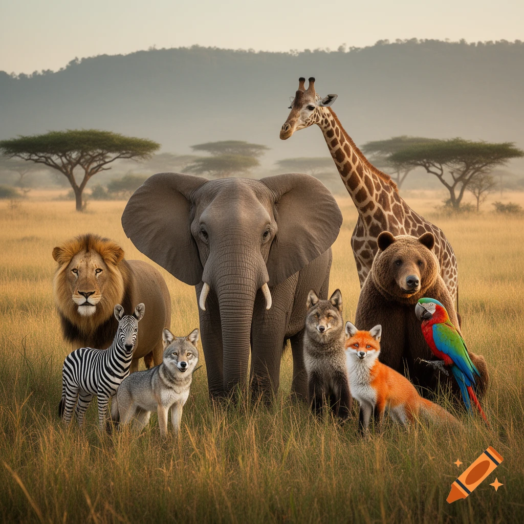 A photorealistic group of wild animals including an elephant, lion, giraffe, and bears standing together in a grassy savannah.