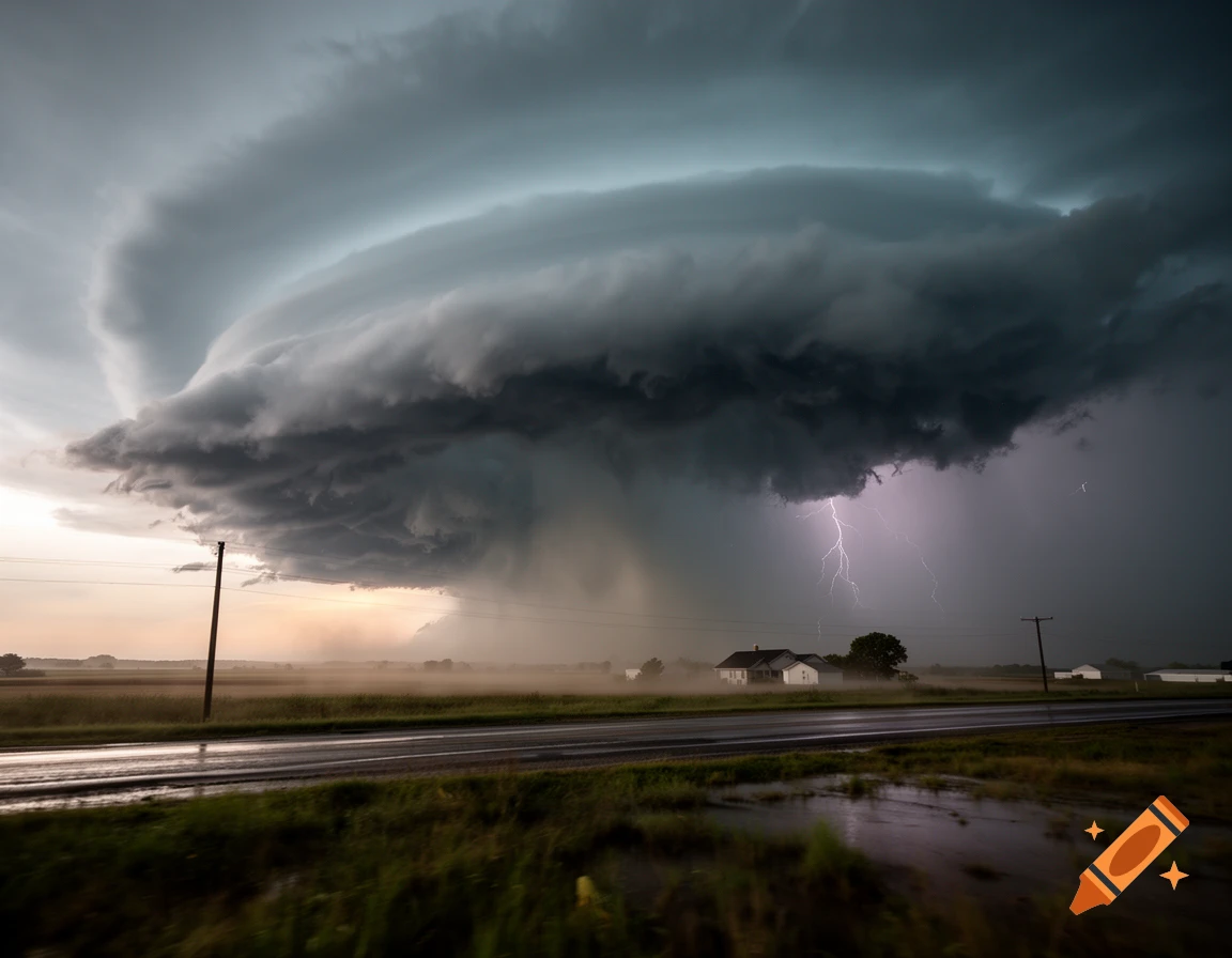Photorealistic image of a massive supercell thunderstorm looming over a flat rural landscape with a wet road in the foreground.