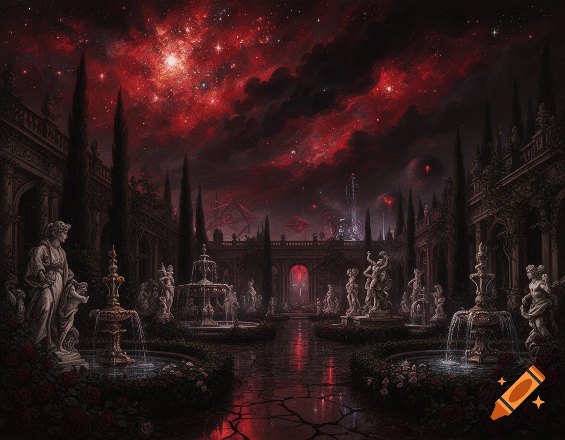Baroque-style sci-fi courtyard garden with fountains and classical statues under a dark sky with glowing red stars.