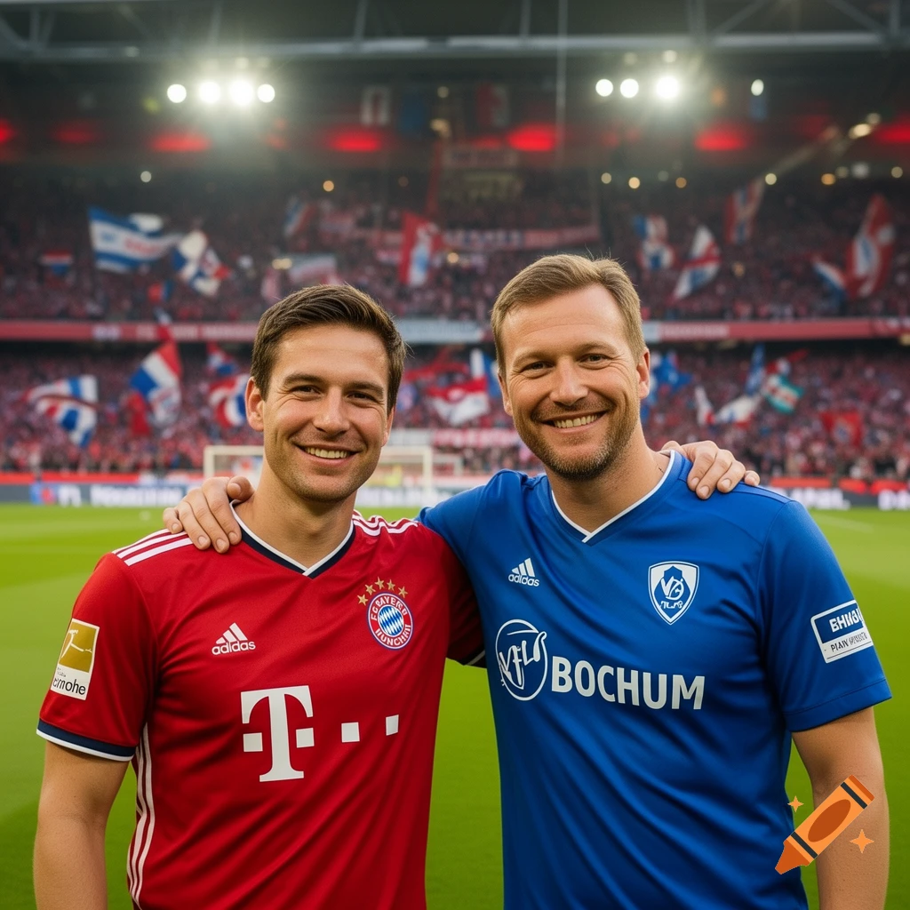 Two smiling men in FC Bayern Munich and VfL Bochum jerseys hugging in a stadium