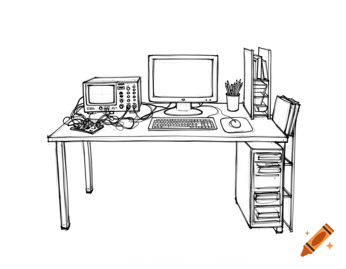 Simple line drawing of a workbench with a computer, oscilloscope, and electronics in loose sketch style