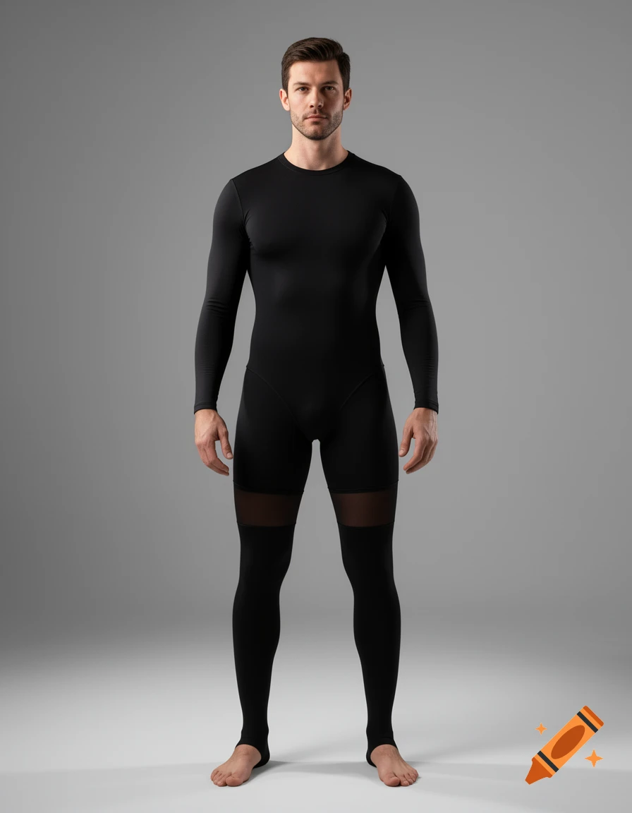 Full-body studio photograph of a man wearing a black long-sleeve bodysuit and leggings against a gray background.
