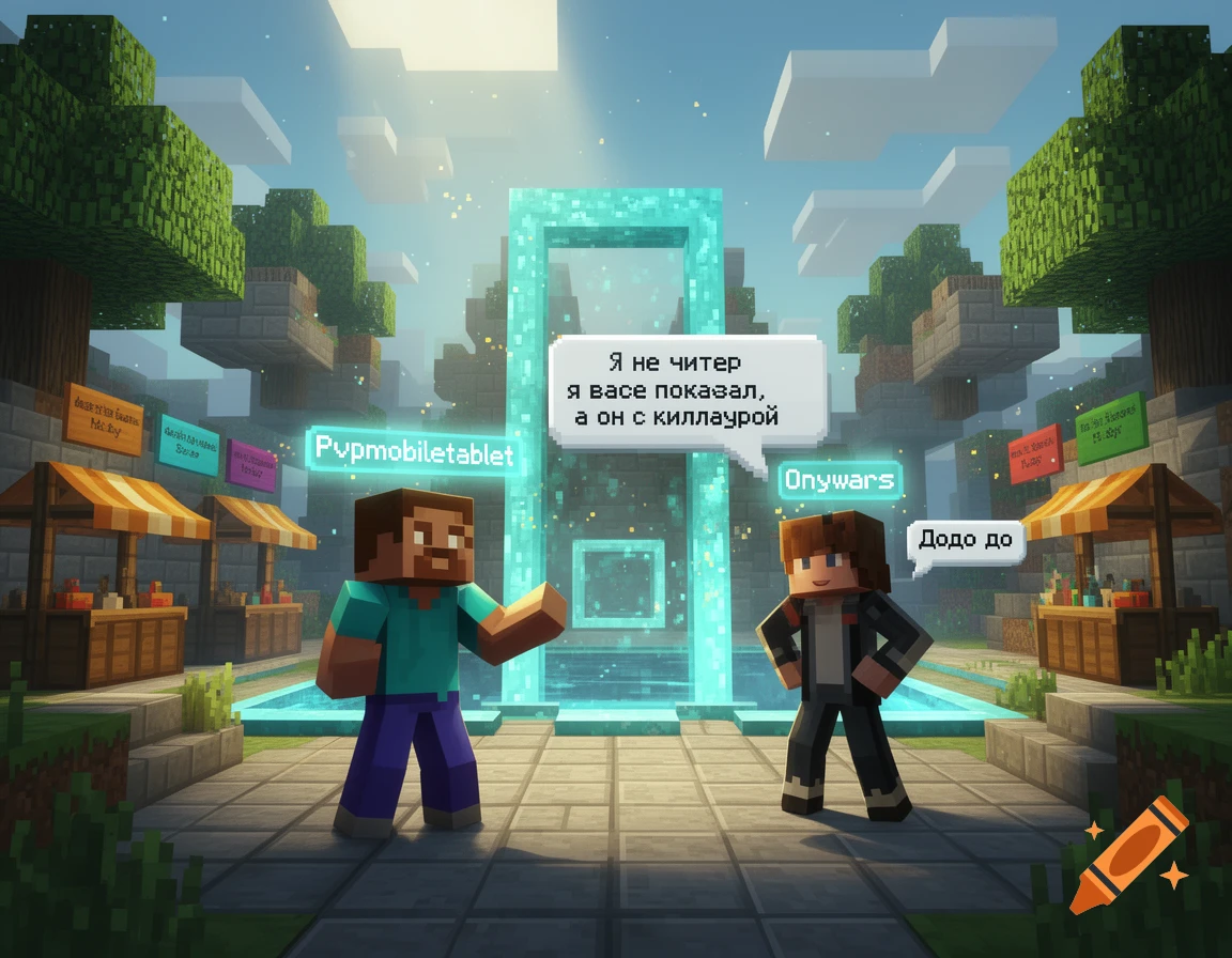 Minecraft-style 3D render of two blocky player characters standing in a plaza with a glowing blue portal, displaying chat bubbles with Russian text.