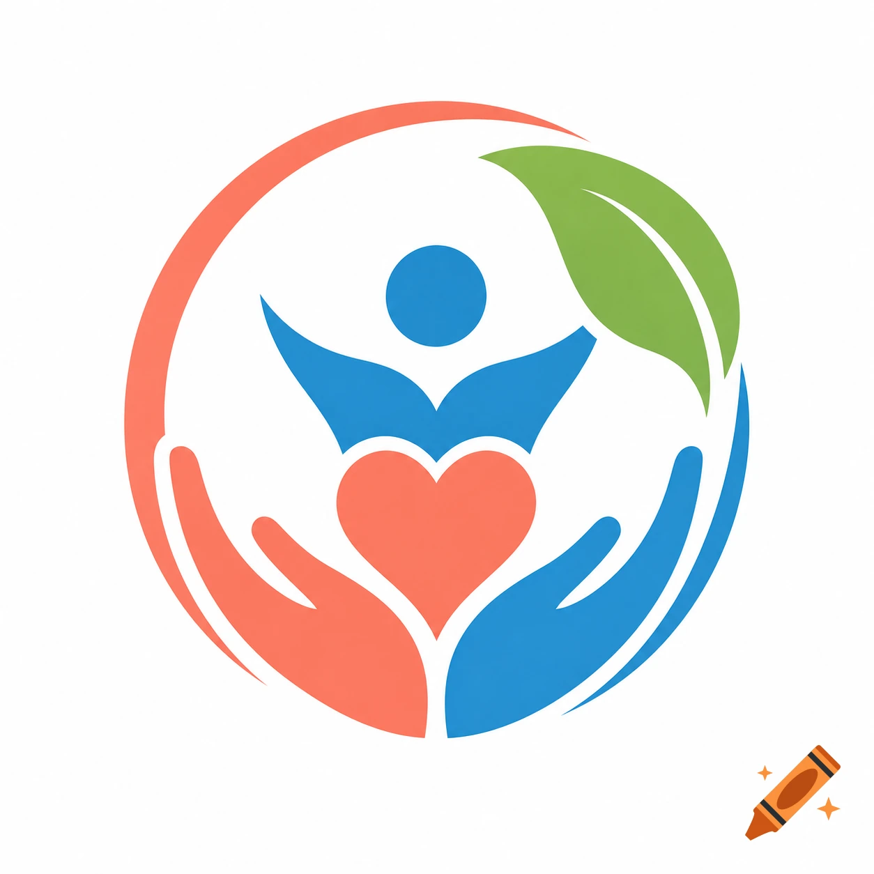 Vector logo of care and support featuring hands cradling a heart and human figure with a leaf, in blue and coral colors on a white background.