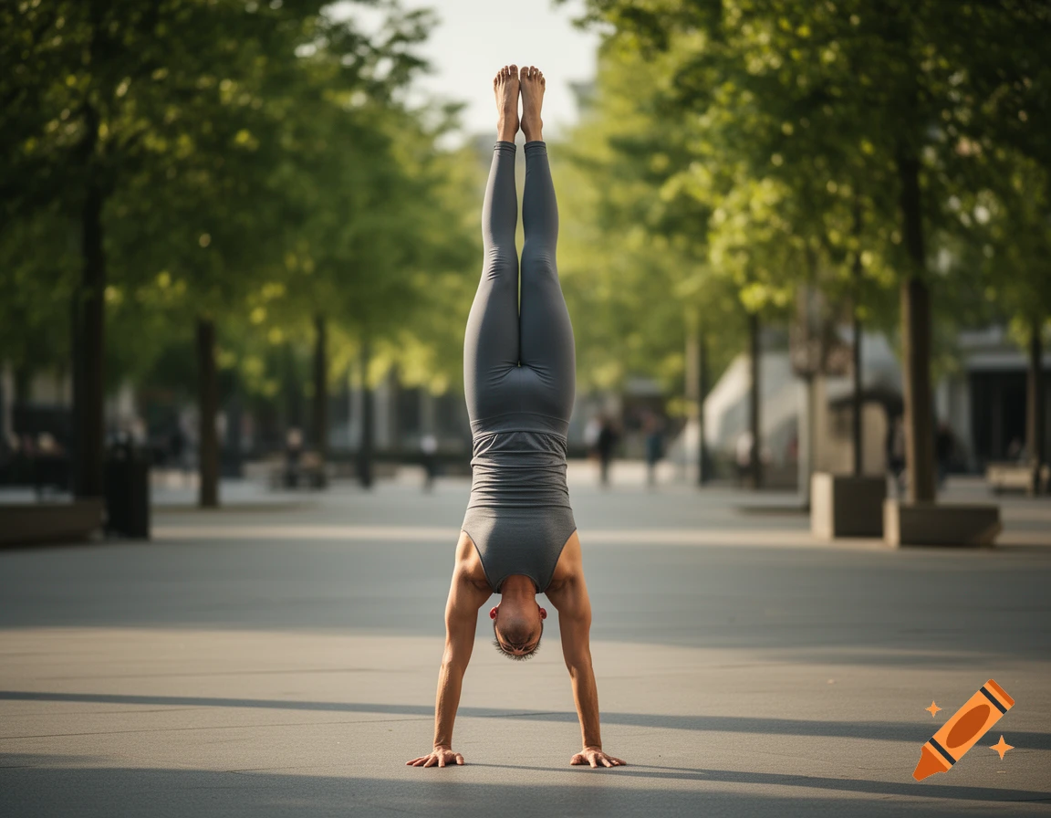 A person performing a handstand on a paved walkway lined with trees in a city square, photorealistic.