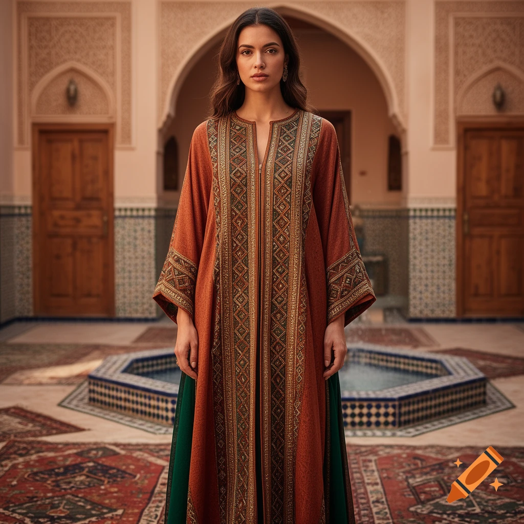 Photorealistic portrait of a woman wearing a traditional Moroccan caftan in an interior courtyard with a fountain.
