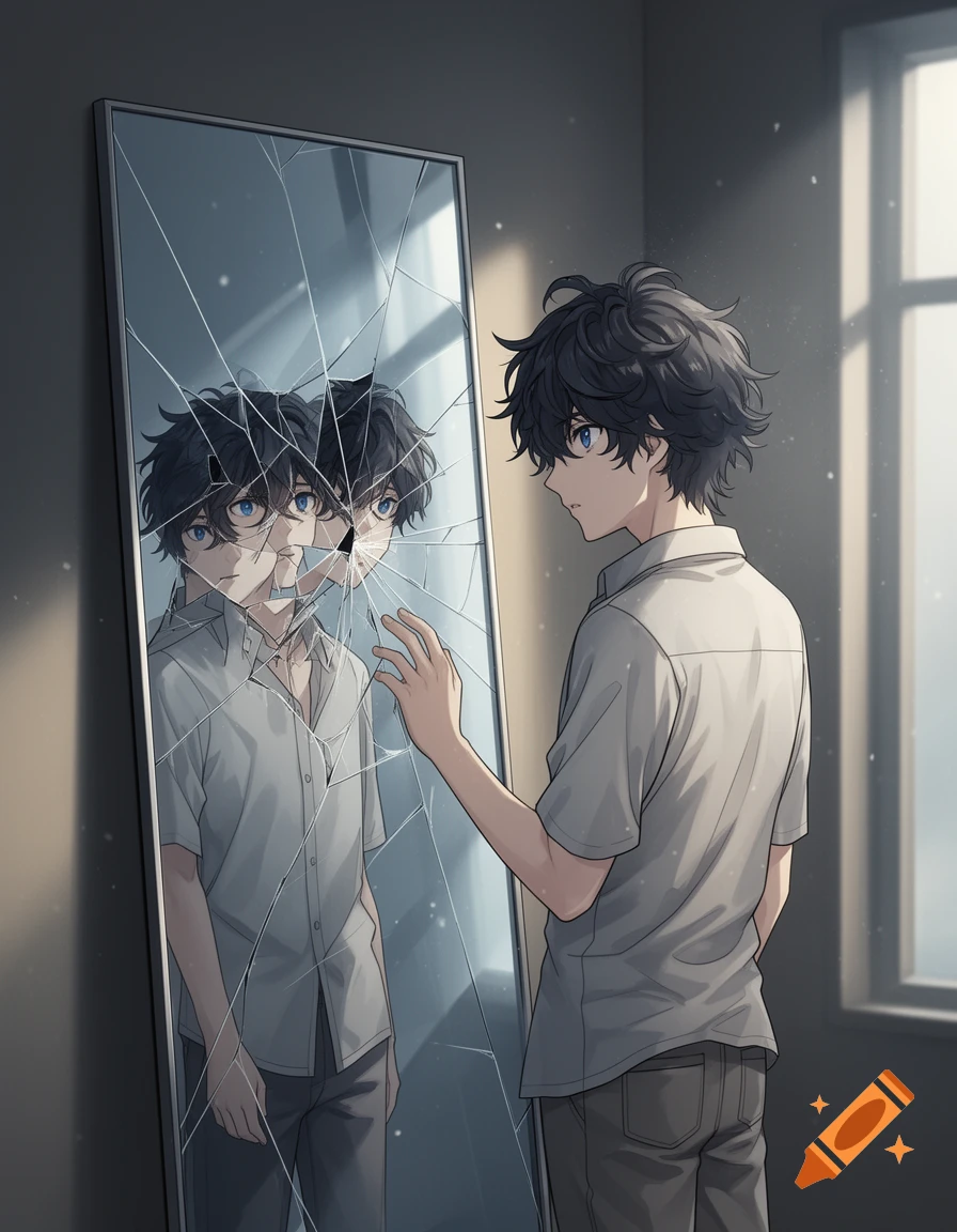 An anime-style boy with dark messy hair and blue eyes looking at his reflection in a shattered tall mirror.