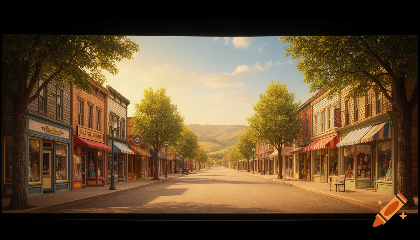 Cinematic shot of a picturesque old-fashioned small town main street lined with storefronts and trees under a sunny sky.