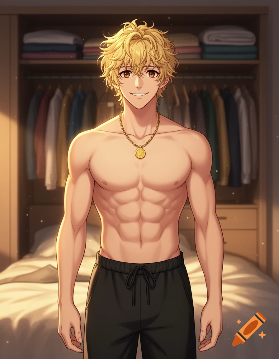 Anime digital illustration of a smiling shirtless young man with blonde hair and a gold chain necklace in a bedroom.