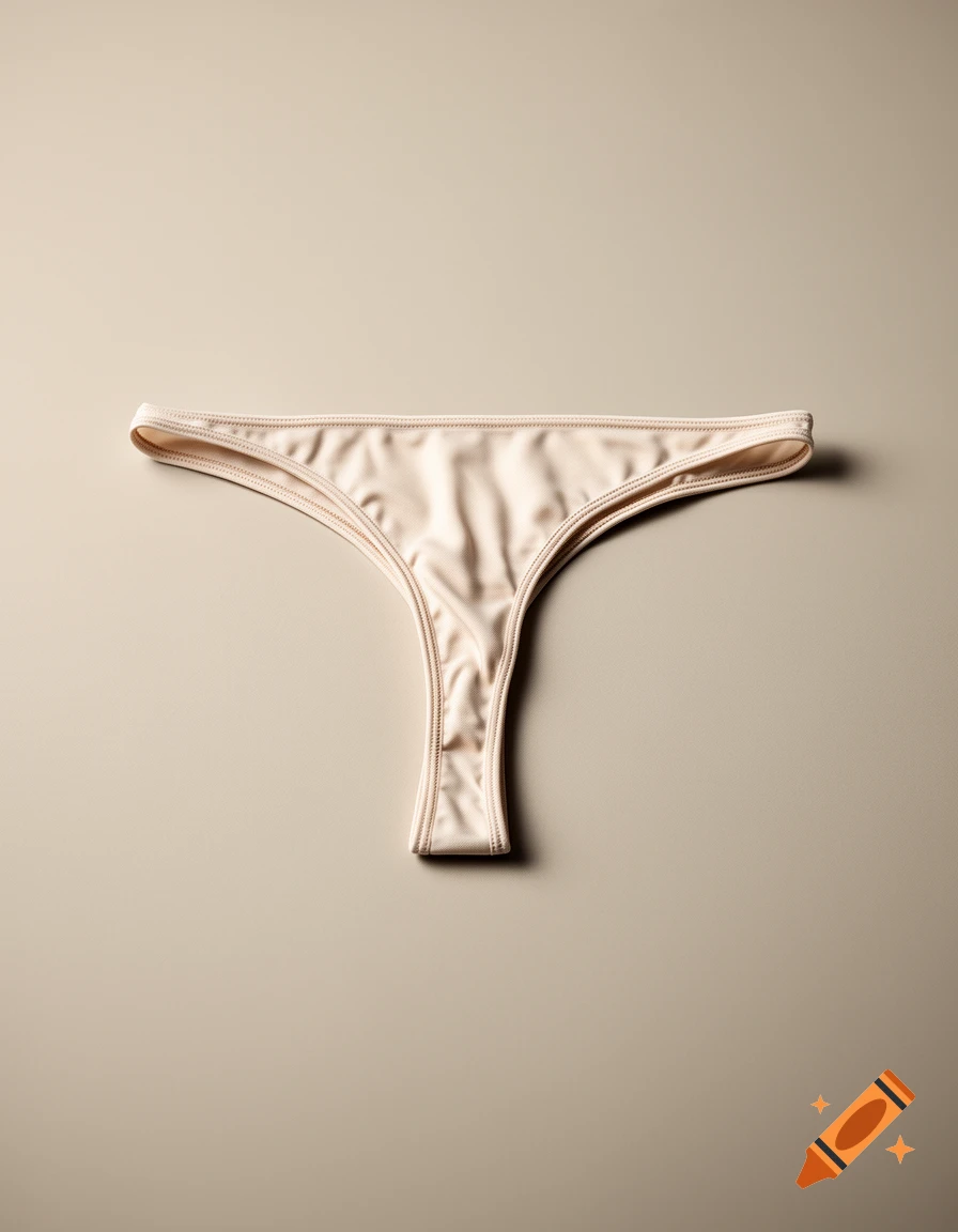 Photorealistic image of a beige thong underwear laid flat on a neutral background.