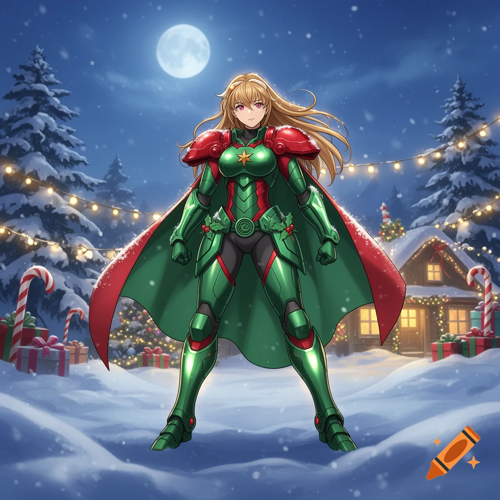 Anime illustration of a female superhero in green and red armor standing in a snowy Christmas landscape at night.