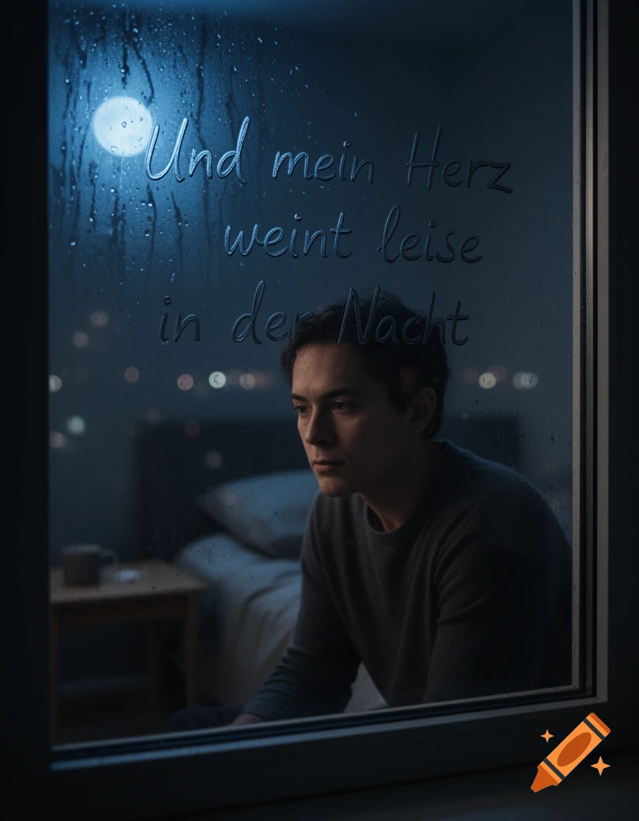 A sad young man sitting by a rainy window at night with German text written on the glass, photorealistic.