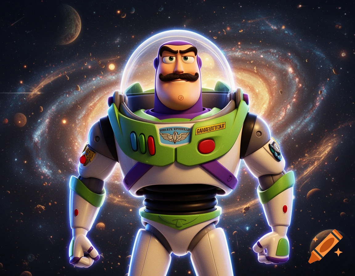 3D animated style character resembling Buzz Lightyear with a black mustache standing in front of a galaxy background.