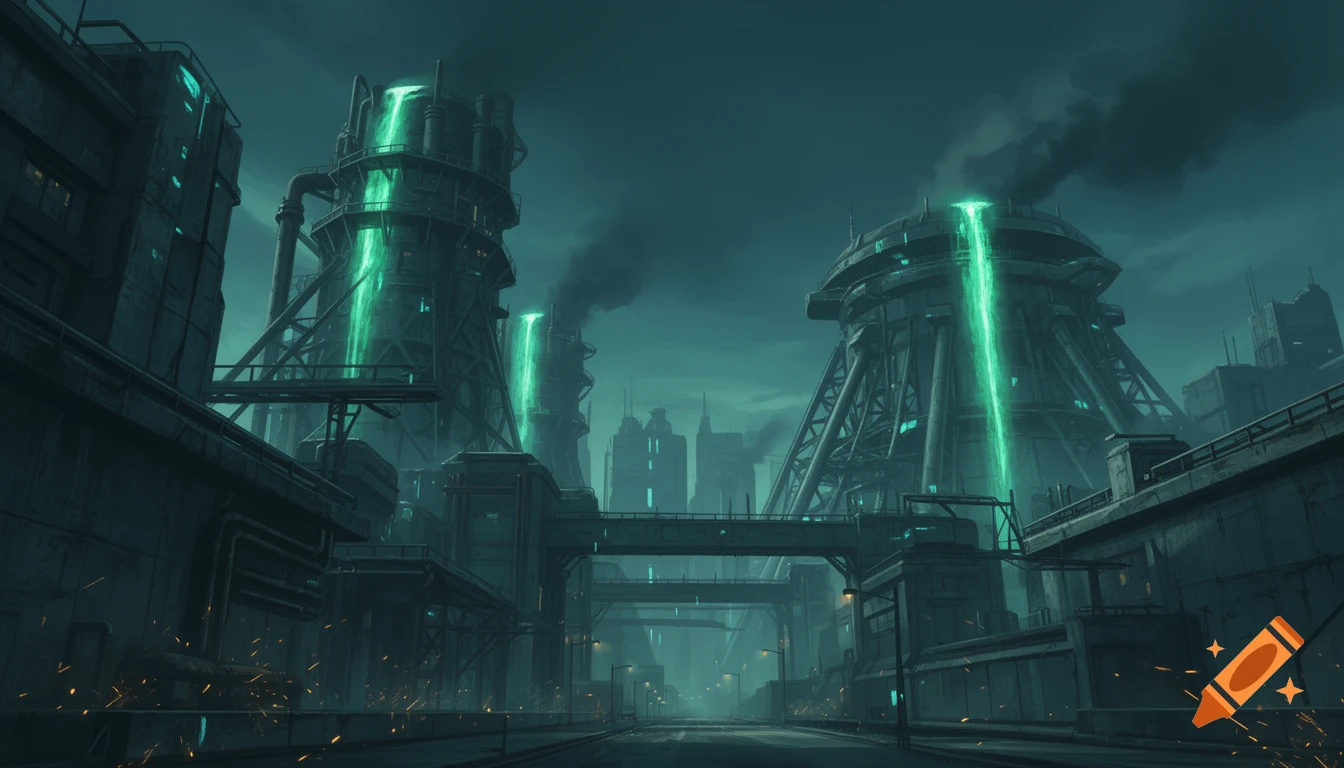 Industrial sci-fi cityscape with large metallic towers venting green energy, dark atmospheric style.