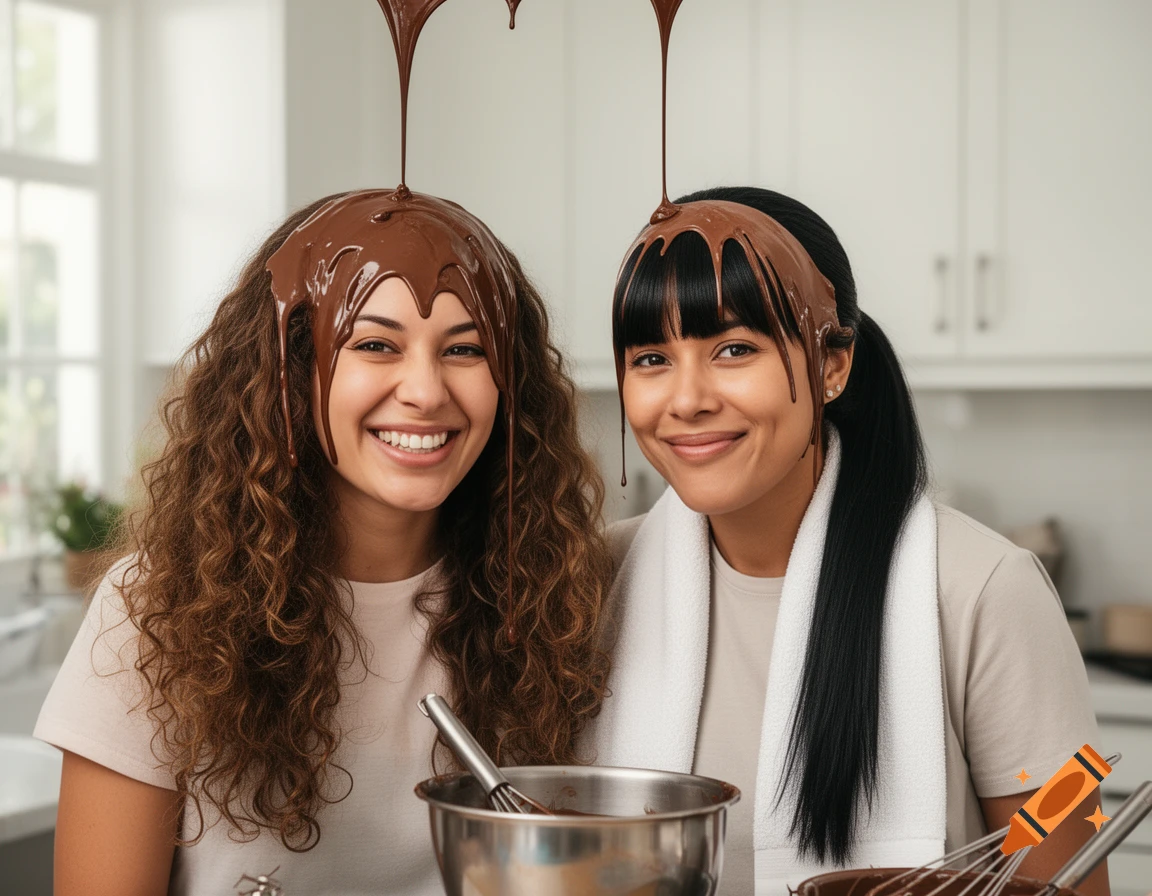 Photorealistic image of two smiling young women with melted chocolate poured onto their hair in a kitchen.