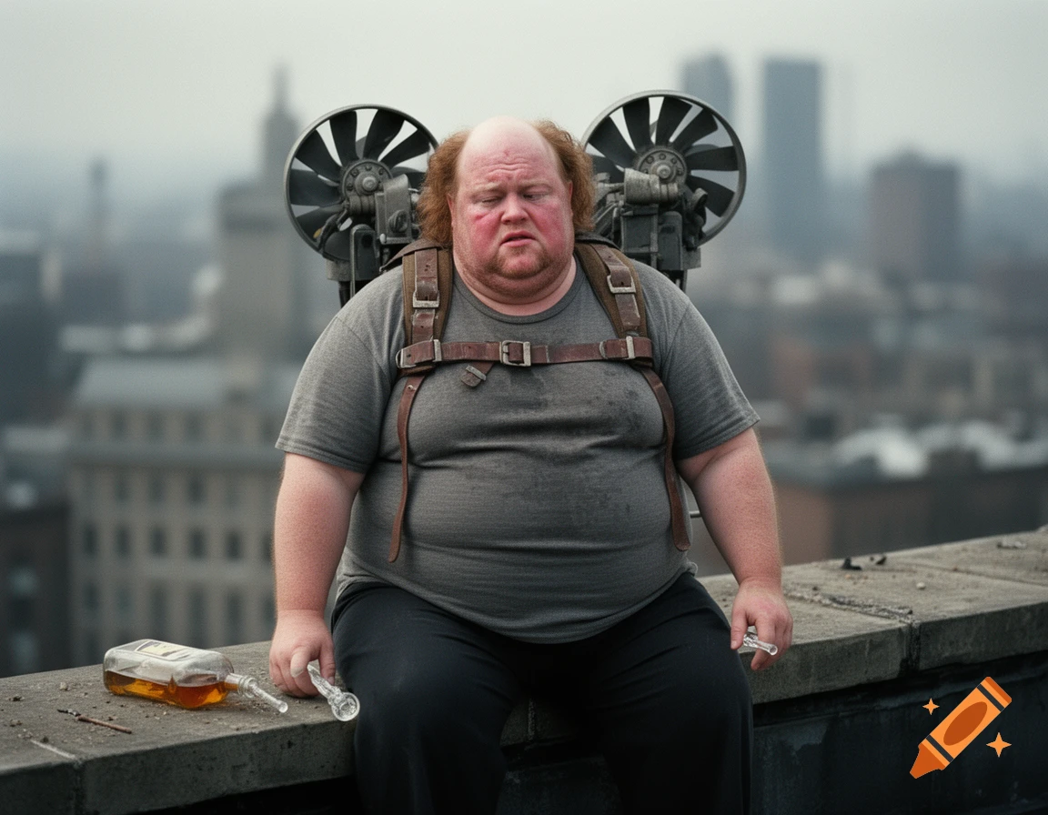 Cinematic photo of an overweight man with a receding hairline and a propeller backpack sitting on a rooftop edge, holding a glass pipe.