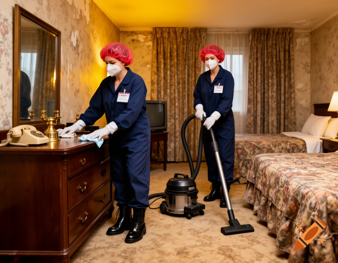 Two women wearing navy jumpsuits, red hairnets, and face masks cleaning a retro hotel room, one vacuuming and the other wiping furniture.