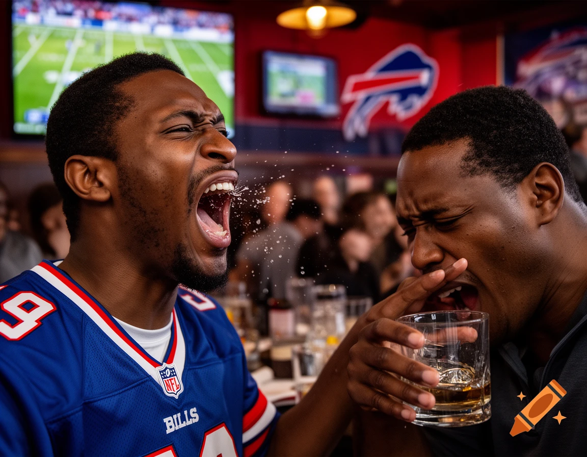 Photorealistic scene of an African American football fan screaming and spitting in a bar, while another man turns away and covers his drink.